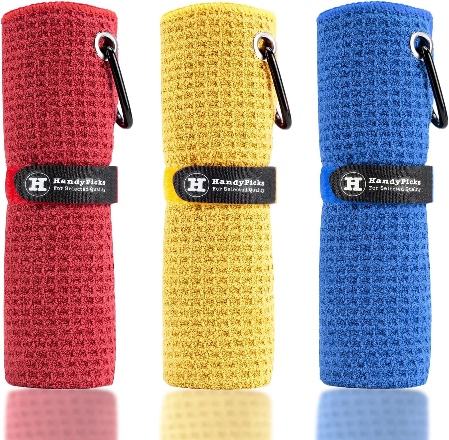 Handy Picks Microfiber Golf Towel (16" X 16") With Carabiner Clip, Waffle Pattern Golf Towel Hook And Loop Fastener - The Convenient Golf Cleaning Towel - Red/blue/yellow