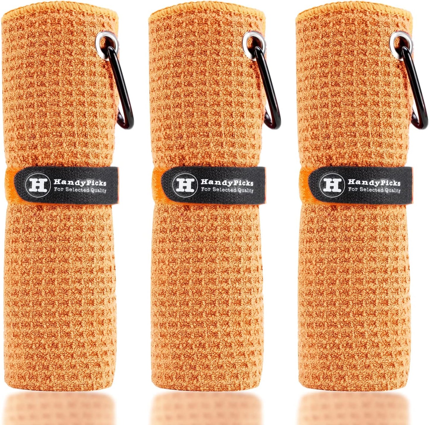 Handy Picks Microfiber Golf Towel (16" X 16") With Carabiner Clip, Waffle Pattern Golf Towel Hook And Loop Fastener - The Convenient Golf Cleaning Towel - Orange