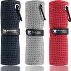 Handy Picks Microfiber Golf Towel (16" X 16") With Carabiner Clip, Waffle Pattern Golf Towel Hook And Loop Fastener - The Convenient Golf Cleaning Towel - Black/grey/red
