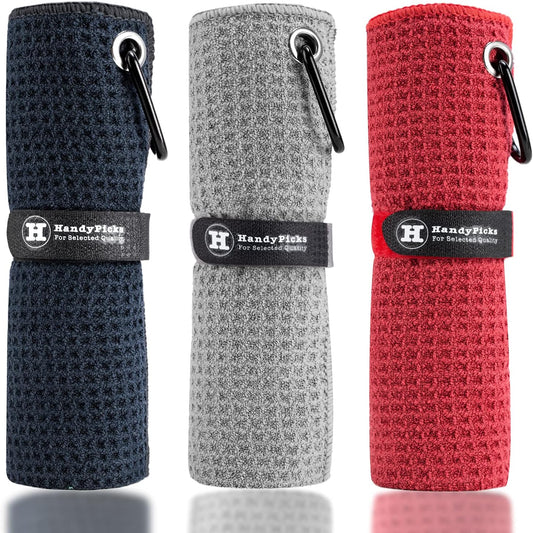 Handy Picks Microfiber Golf Towel (16" X 16") With Carabiner Clip, Waffle Pattern Golf Towel Hook And Loop Fastener - The Convenient Golf Cleaning Towel - Black/grey/red