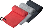 Handy Picks Microfiber Golf Towel (16" X 16") With Carabiner Clip, Waffle Pattern Golf Towel Hook And Loop Fastener - The Convenient Golf Cleaning Towel - Black/grey/red