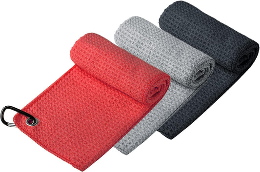Handy Picks Microfiber Golf Towel (16" X 16") With Carabiner Clip, Waffle Pattern Golf Towel Hook And Loop Fastener - The Convenient Golf Cleaning Towel - Black/grey/red
