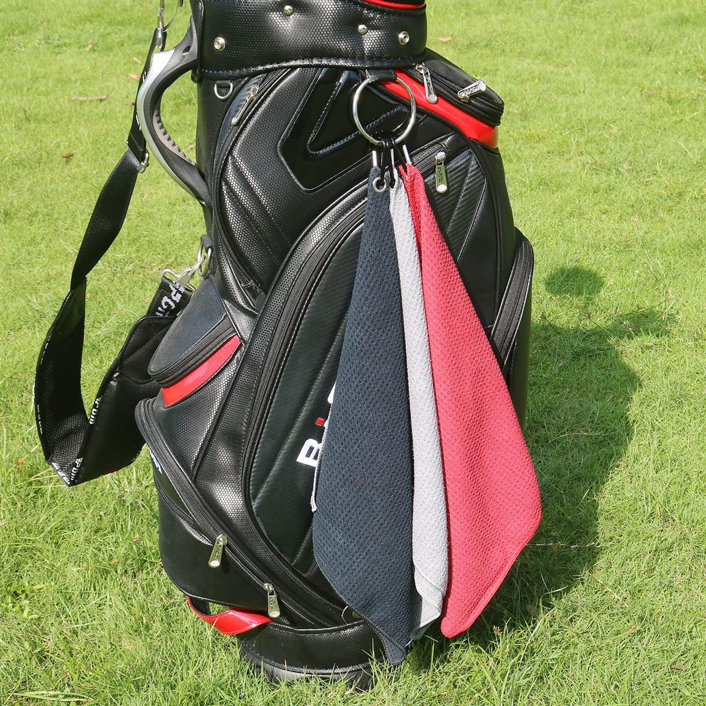 Handy Picks Microfiber Golf Towel (16" X 16") With Carabiner Clip, Waffle Pattern Golf Towel Hook And Loop Fastener - The Convenient Golf Cleaning Towel - Black/grey/red