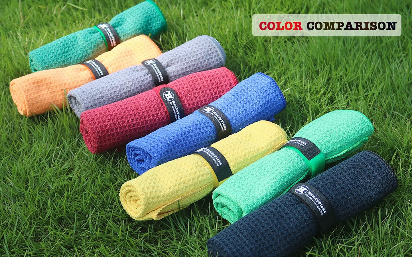 Handy Picks Microfiber Golf Towel (16" X 16") With Carabiner Clip, Waffle Pattern Golf Towel Hook And Loop Fastener - The Convenient Golf Cleaning Towel - Black/grey/red