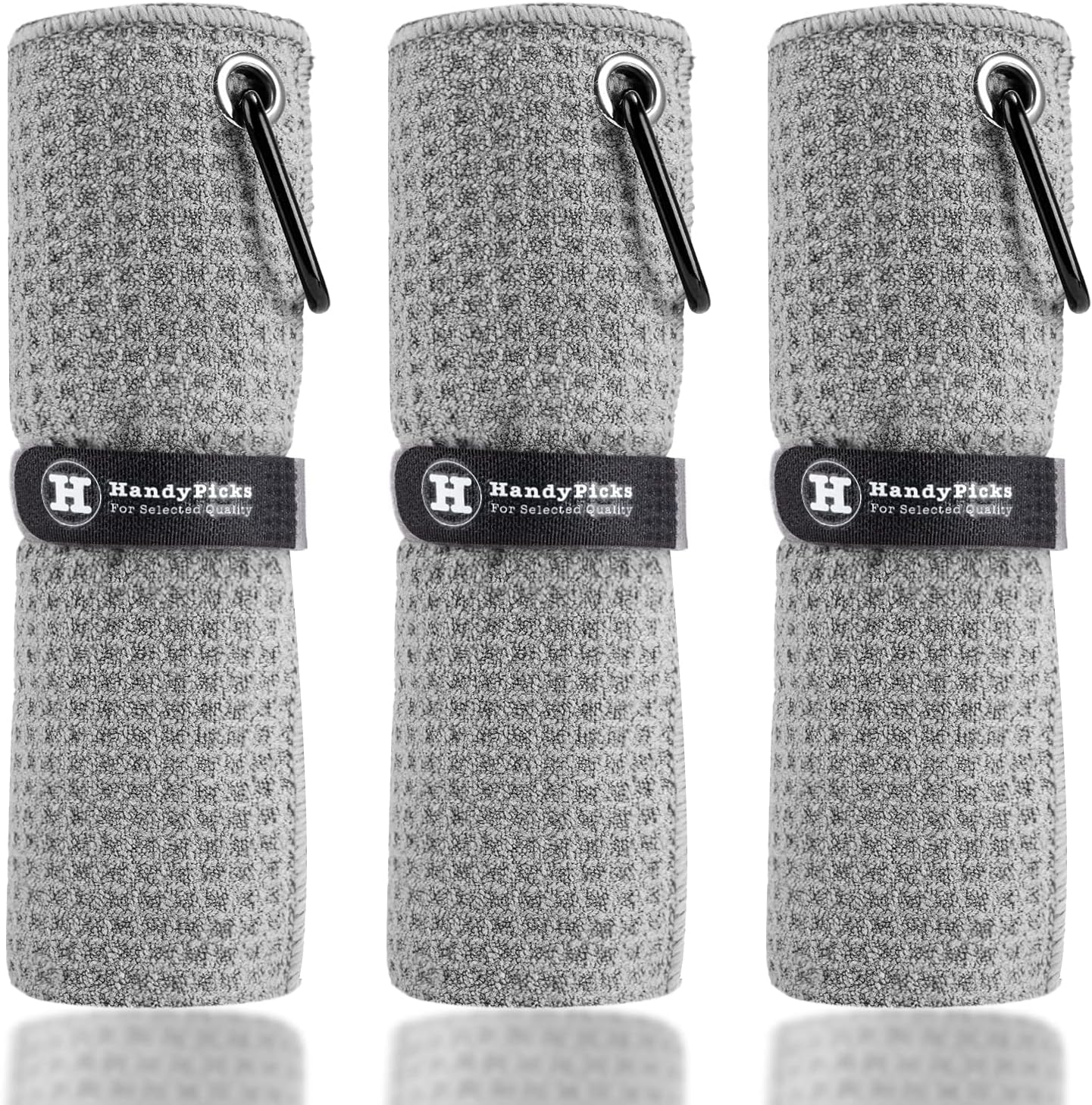 Handy Picks Microfiber Golf Towel (16" X 16") With Carabiner Clip, Waffle Pattern Golf Towel Hook And Loop Fastener - The Convenient Golf Cleaning Towel - Grey