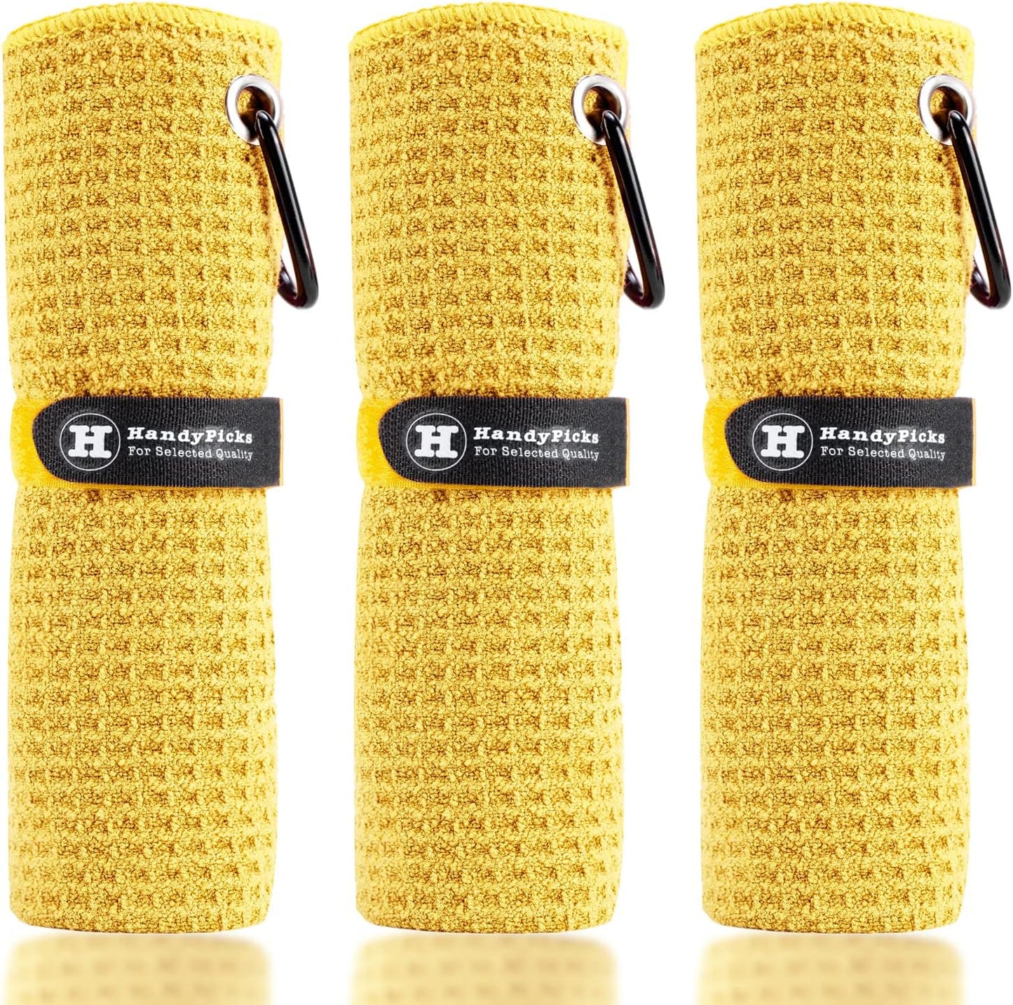 Handy Picks Microfiber Golf Towel (16" X 16") With Carabiner Clip, Waffle Pattern Golf Towel Hook And Loop Fastener - The Convenient Golf Cleaning Towel - Yellow