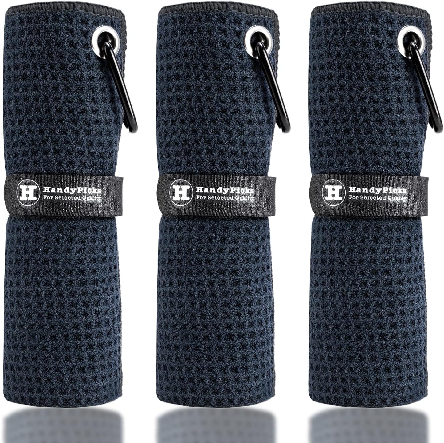 Handy Picks Microfiber Golf Towel (16" X 16") With Carabiner Clip, Waffle Pattern Golf Towel Hook And Loop Fastener - The Convenient Golf Cleaning Towel - Black