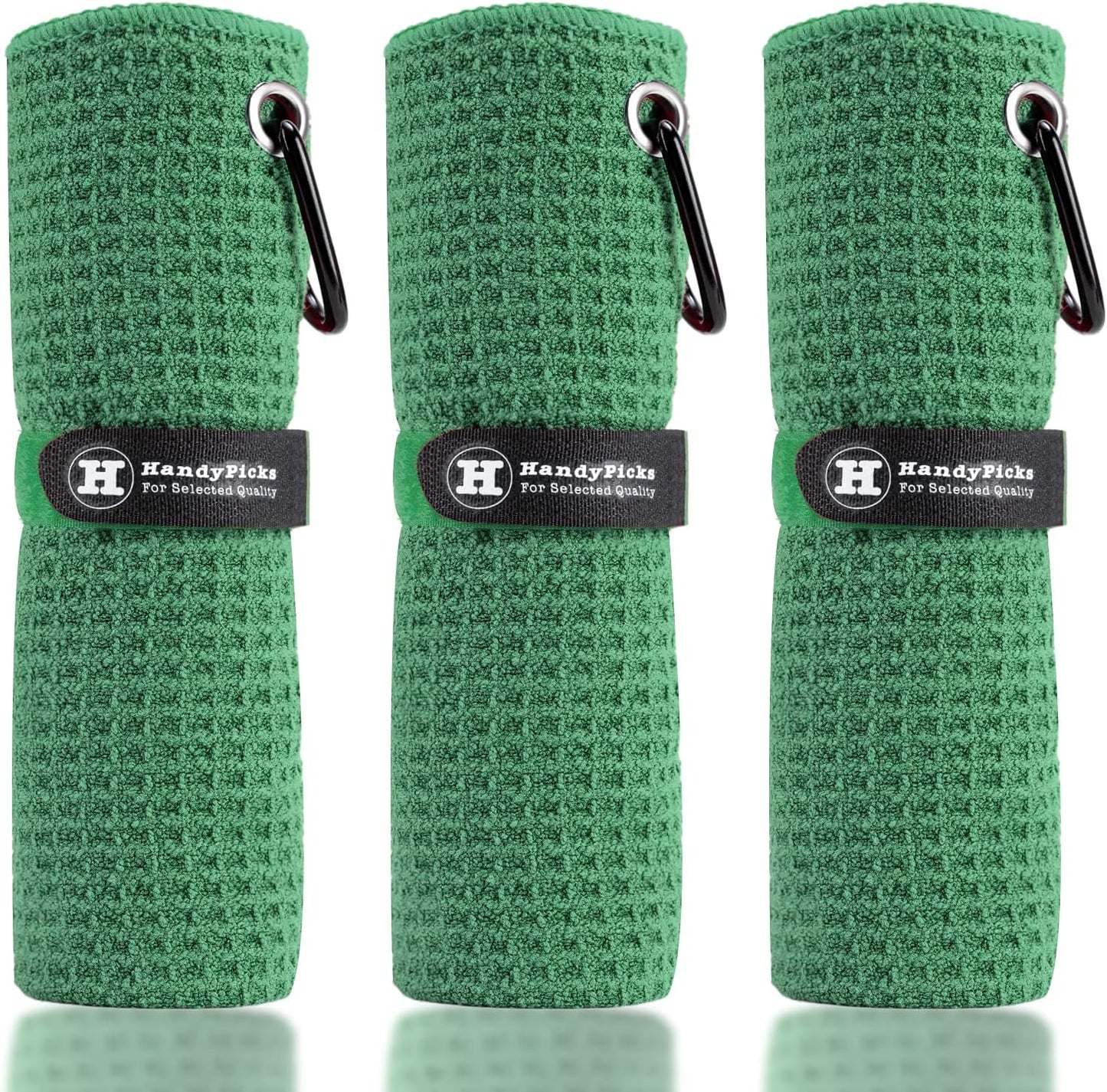 Handy Picks Microfiber Golf Towel (16" X 16") With Carabiner Clip, Waffle Pattern Golf Towel Hook And Loop Fastener - The Convenient Golf Cleaning Towel - Dark Green