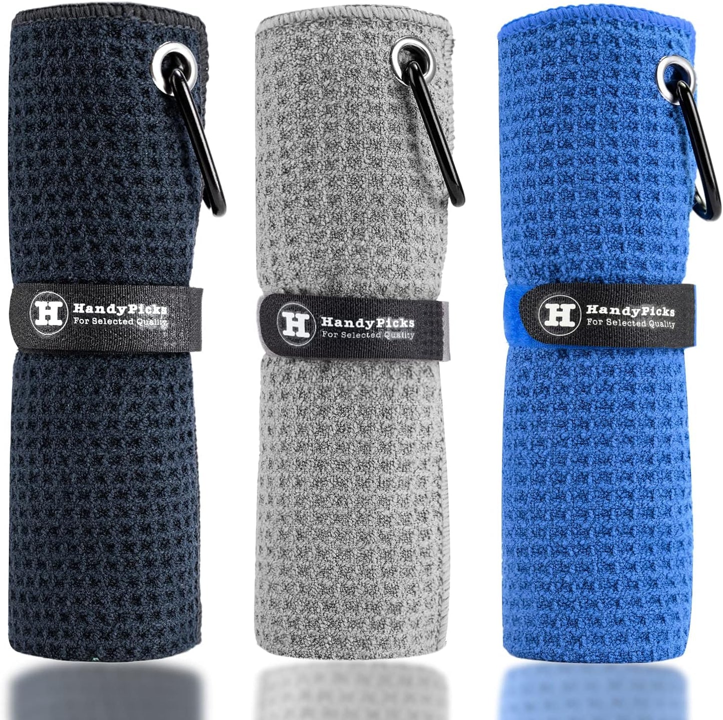 Handy Picks Microfiber Golf Towel (16" X 16") With Carabiner Clip, Waffle Pattern Golf Towel Hook And Loop Fastener - The Convenient Golf Cleaning Towel - Black/grey/blue