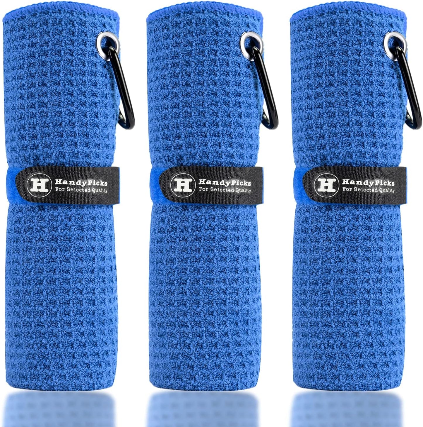 Handy Picks Microfiber Golf Towel (16" X 16") With Carabiner Clip, Waffle Pattern Golf Towel Hook And Loop Fastener - The Convenient Golf Cleaning Towel - Blue