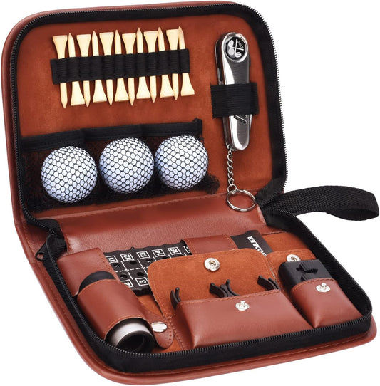 Jiskan Golf Accessories Set with Hi-End Leather Case, Rangefinder, Balls, Tees and Divot Tools