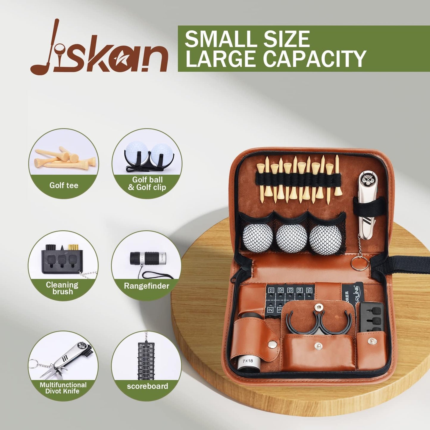 Jiskan Golf Accessories Set with Hi-End Leather Case, Rangefinder, Balls, Tees and Divot Tools