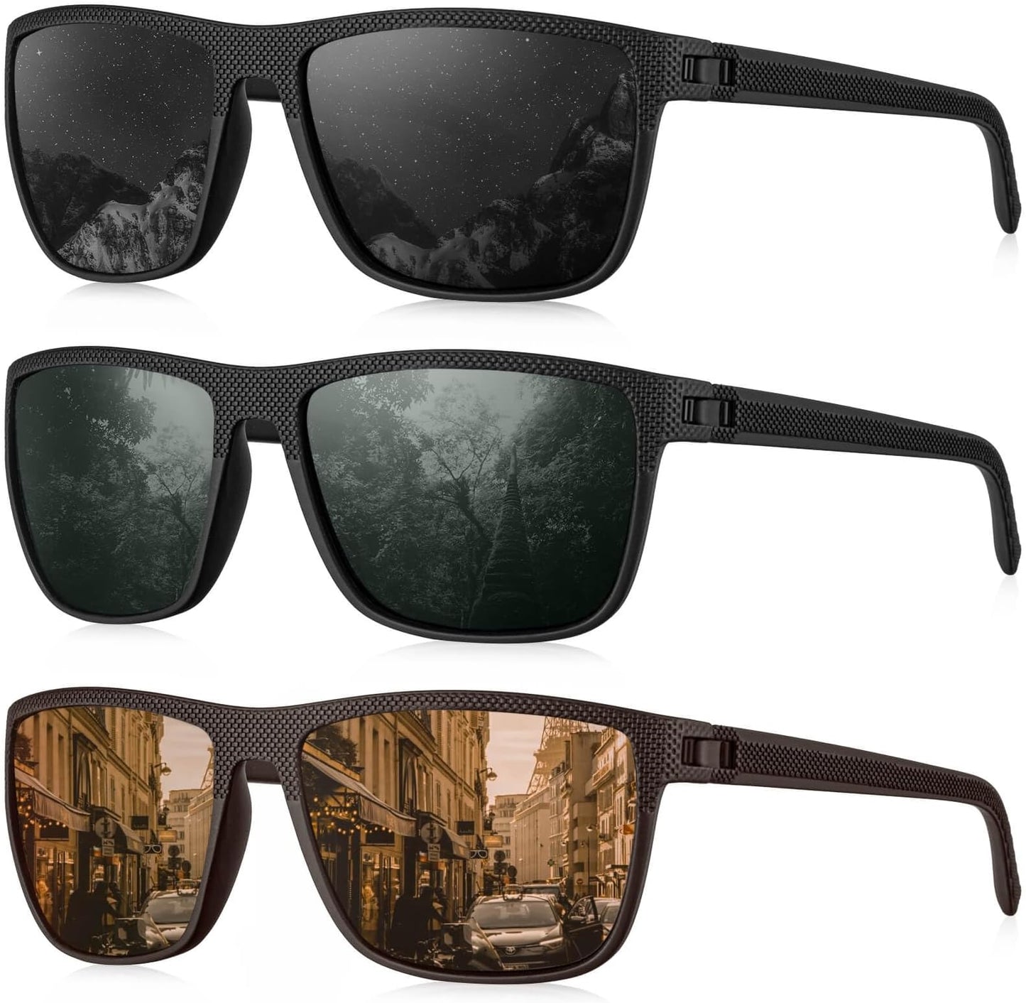 Kaliyadi Polarized Sunglasses For Men, Lightweight Sun Glasses With Uv Protection For Driving Fishing Golf - (3 Pack) Black/g15/brown