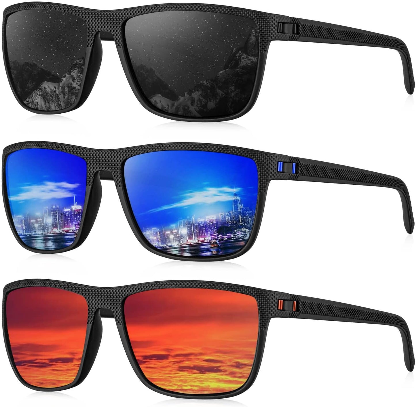 Kaliyadi Polarized Sunglasses For Men, Lightweight Sun Glasses With Uv Protection For Driving Fishing Golf - (3 Pack) Black/dark Blue/red