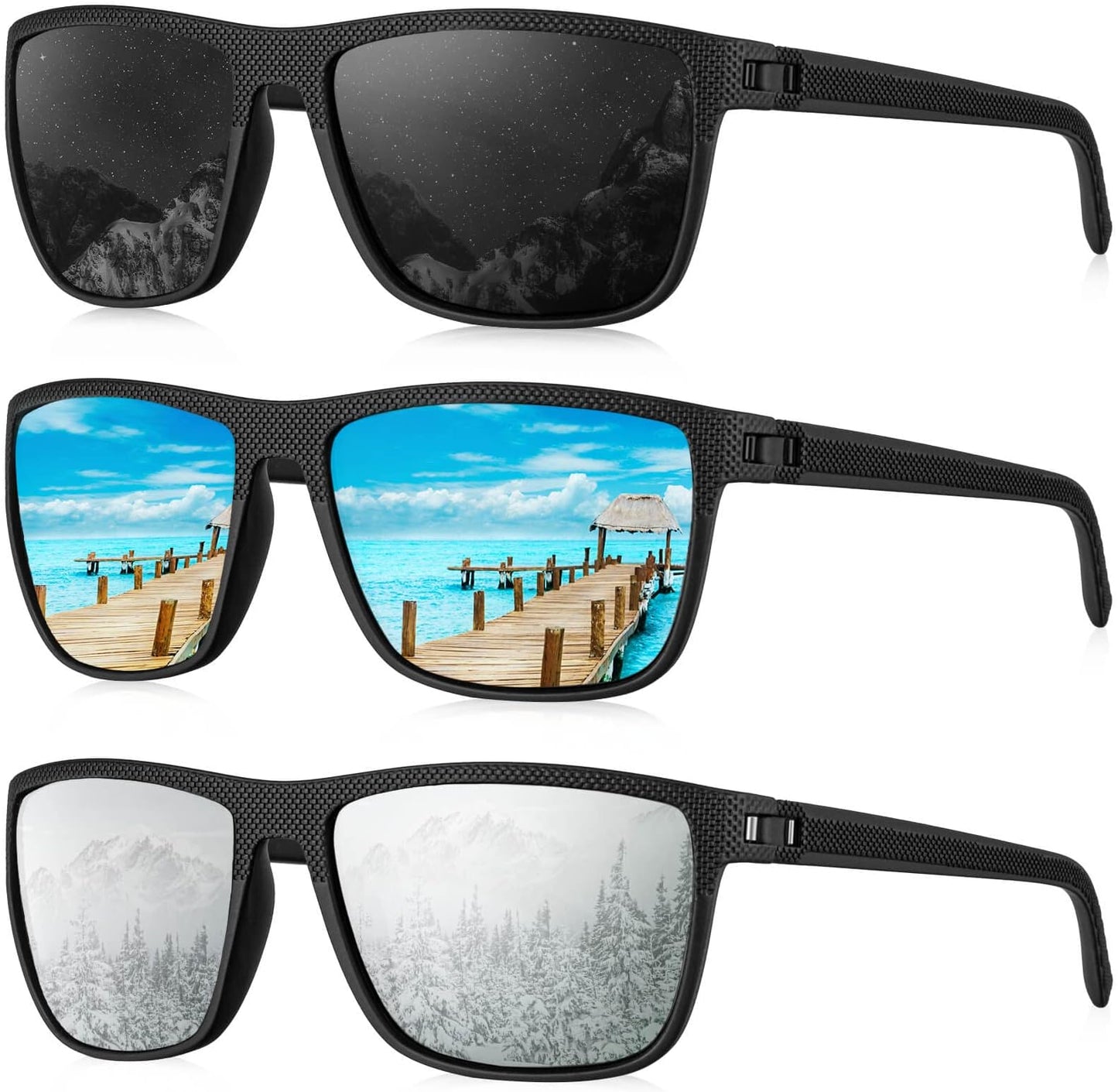 Kaliyadi Polarized Sunglasses For Men, Lightweight Sun Glasses With Uv Protection For Driving Fishing Golf - (3 Pack) Black/ice Blue/silvery