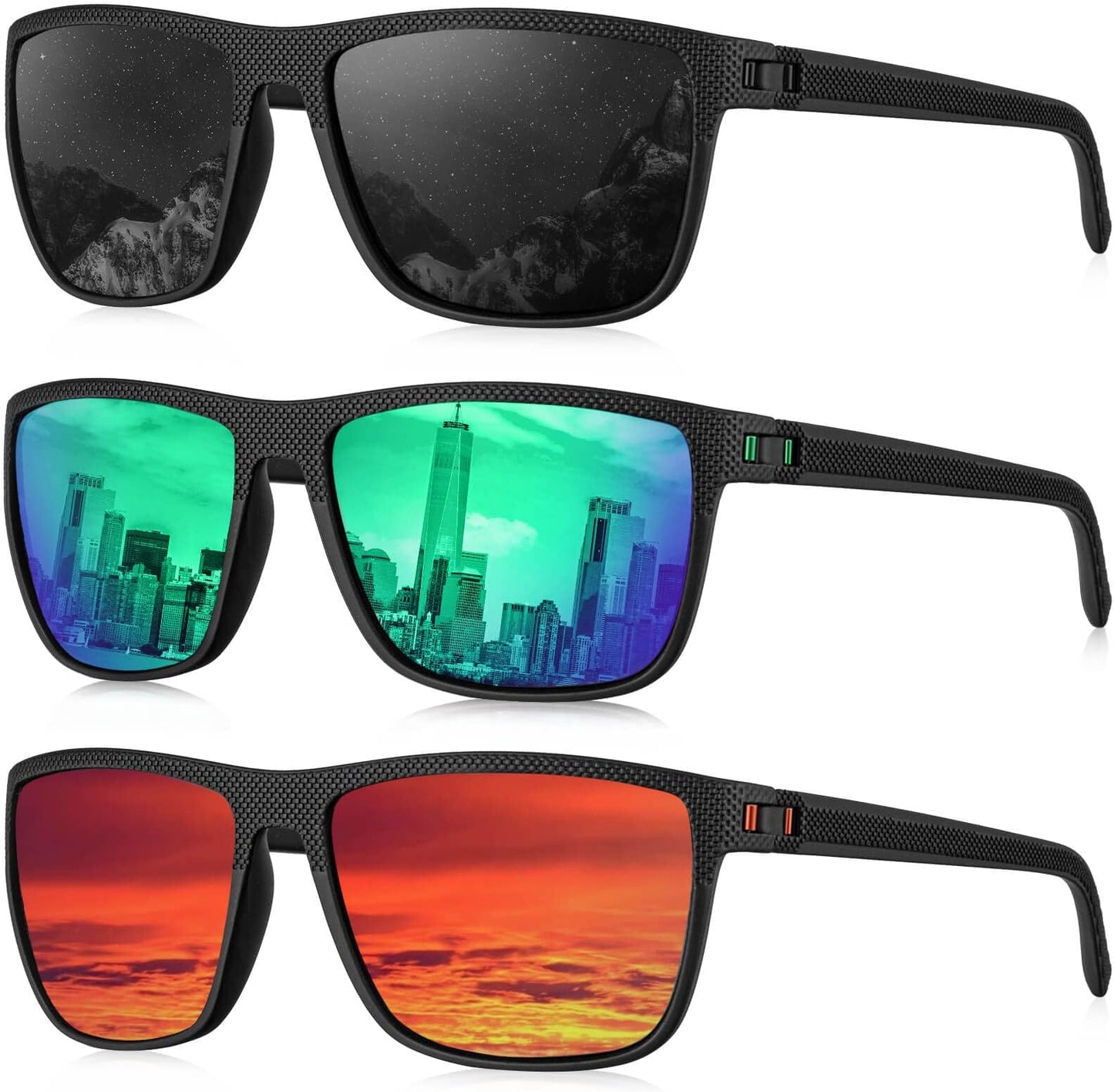 Kaliyadi Polarized Sunglasses For Men, Lightweight Sun Glasses With Uv Protection For Driving Fishing Golf - (3 Pack) Black/green/red