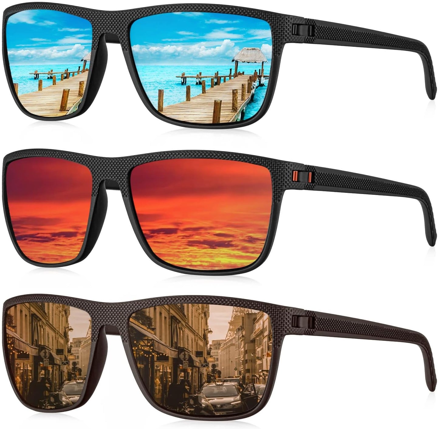 Kaliyadi Polarized Sunglasses For Men, Lightweight Sun Glasses With Uv Protection For Driving Fishing Golf - (3 Pack) Ice Blue/red/brown