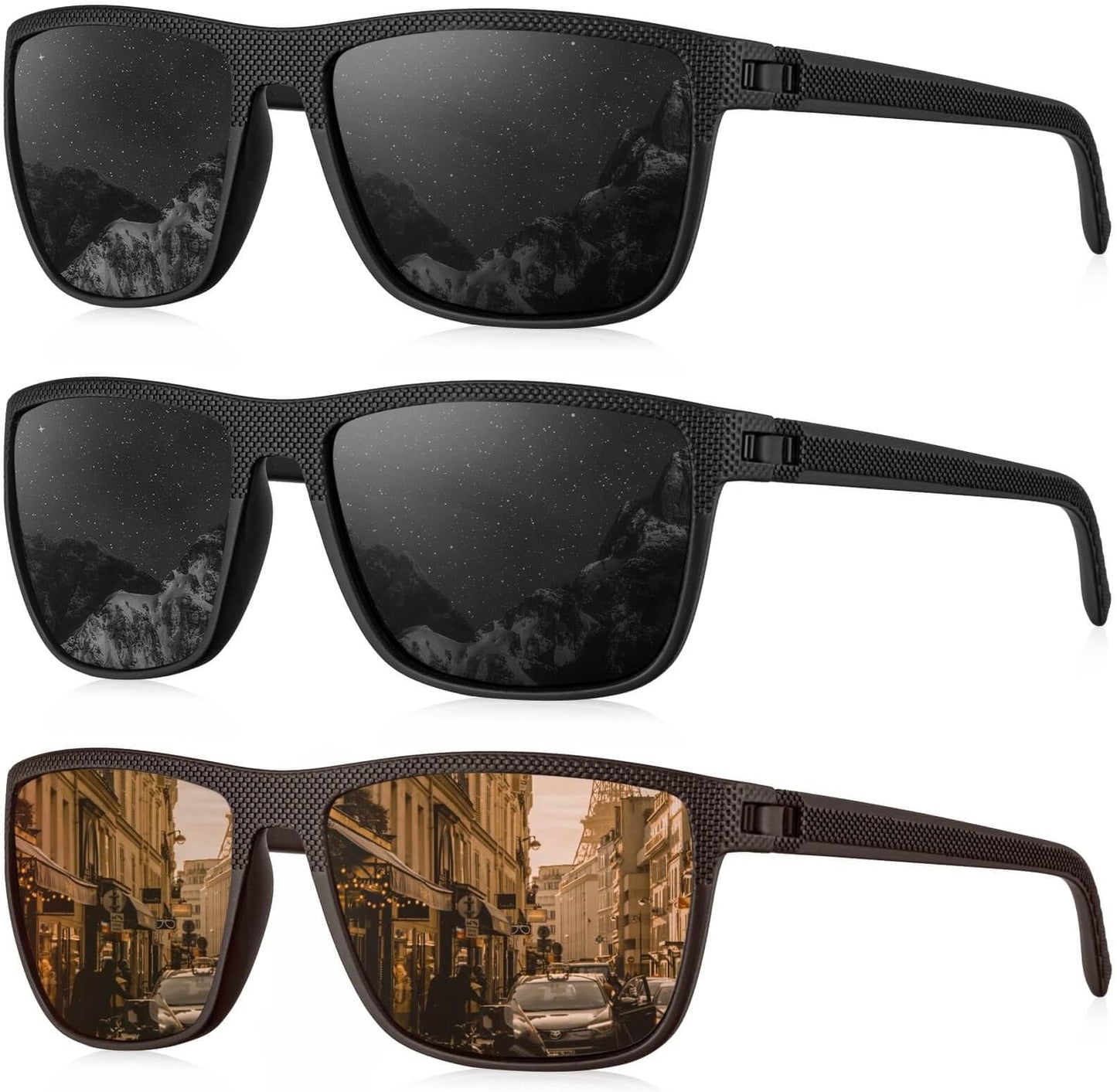 Kaliyadi Polarized Sunglasses For Men, Lightweight Sun Glasses With Uv Protection For Driving Fishing Golf - (3 Pack) Black/black/brown