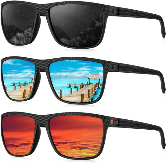 Kaliyadi Polarized Sunglasses For Men, Lightweight Sun Glasses With Uv Protection For Driving Fishing Golf - (3 Pack) Black/ice Blue/red