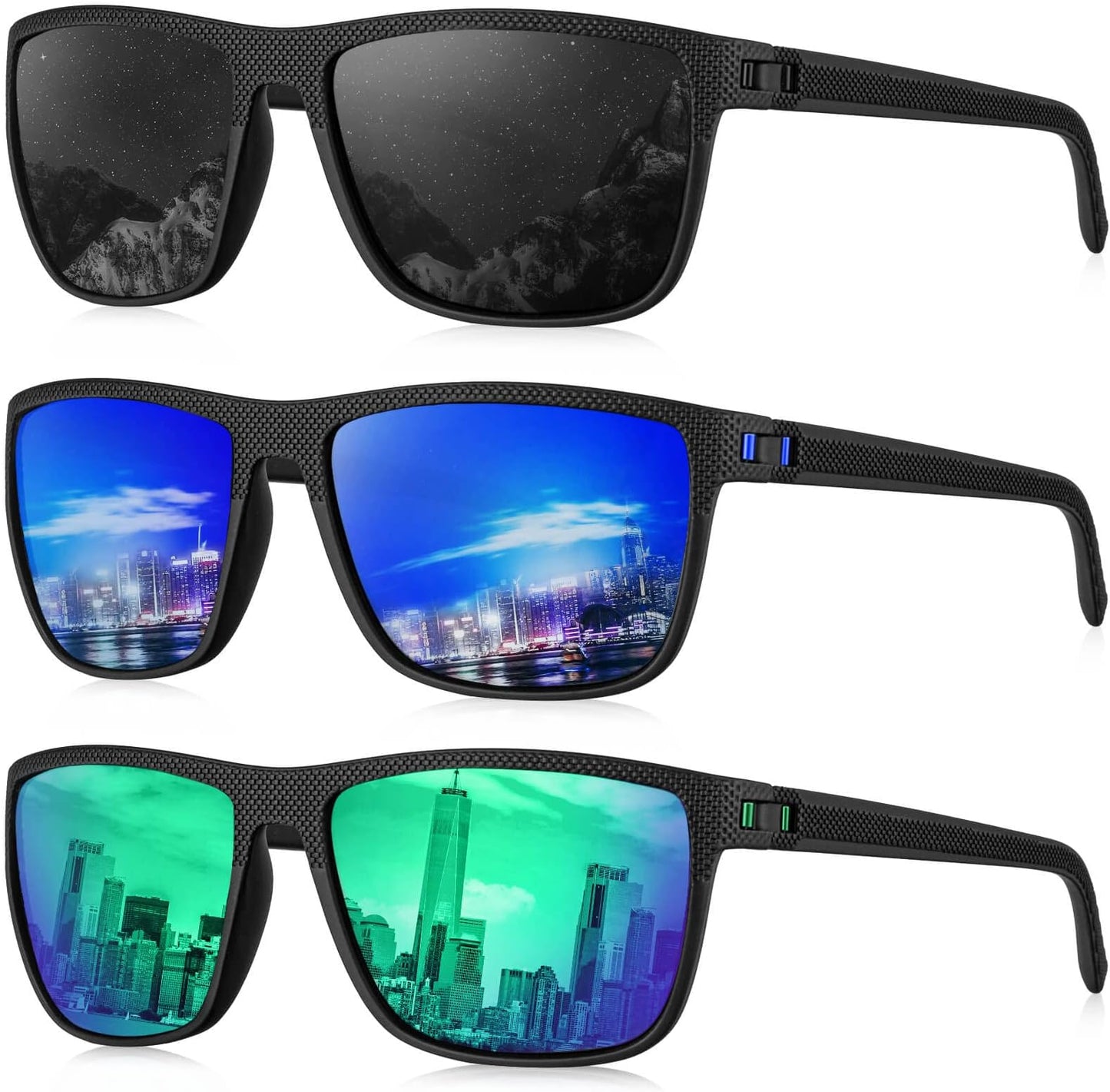 Kaliyadi Polarized Sunglasses For Men, Lightweight Sun Glasses With Uv Protection For Driving Fishing Golf - (3 Pack) Black/dark Blue/green