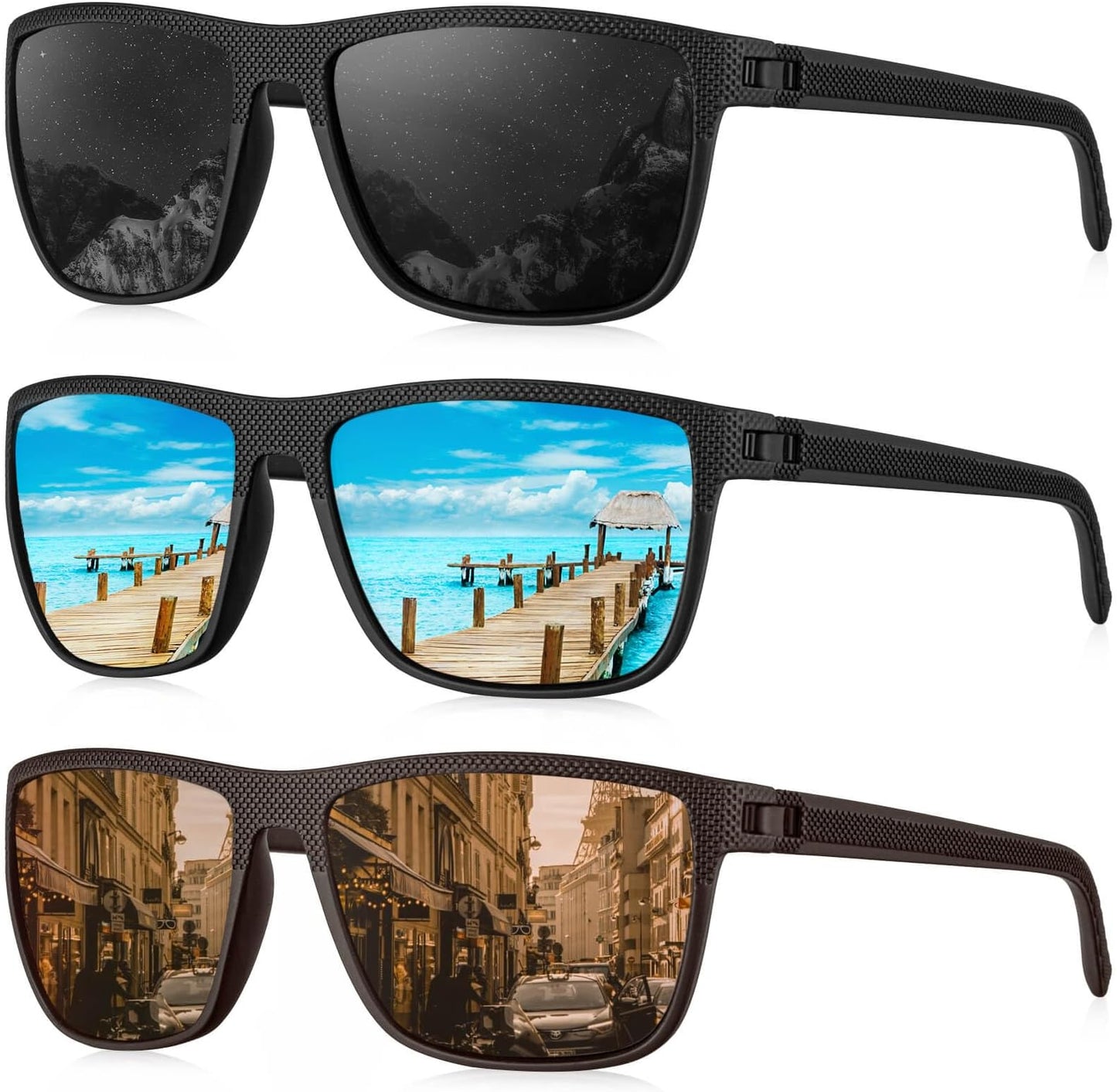 Kaliyadi Polarized Sunglasses For Men, Lightweight Sun Glasses With Uv Protection For Driving Fishing Golf - (3 Pack) Black/ice Blue/brown