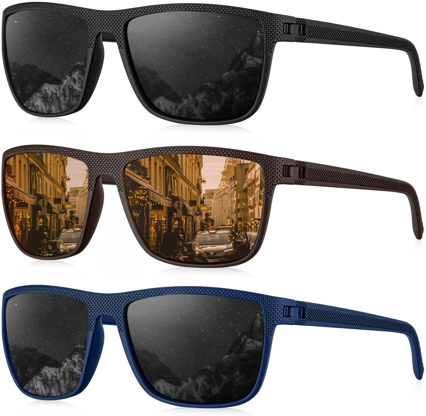 Kaliyadi Polarized Sunglasses For Men, Lightweight Sun Glasses With Uv Protection For Driving Fishing Golf - (3 Pack) Black/brown/dark Blue&black