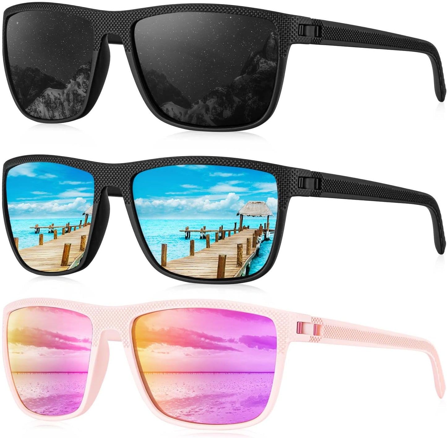 Kaliyadi Polarized Sunglasses For Men, Lightweight Sun Glasses With Uv Protection For Driving Fishing Golf - (3 Pack) Black/ice Blue/pink