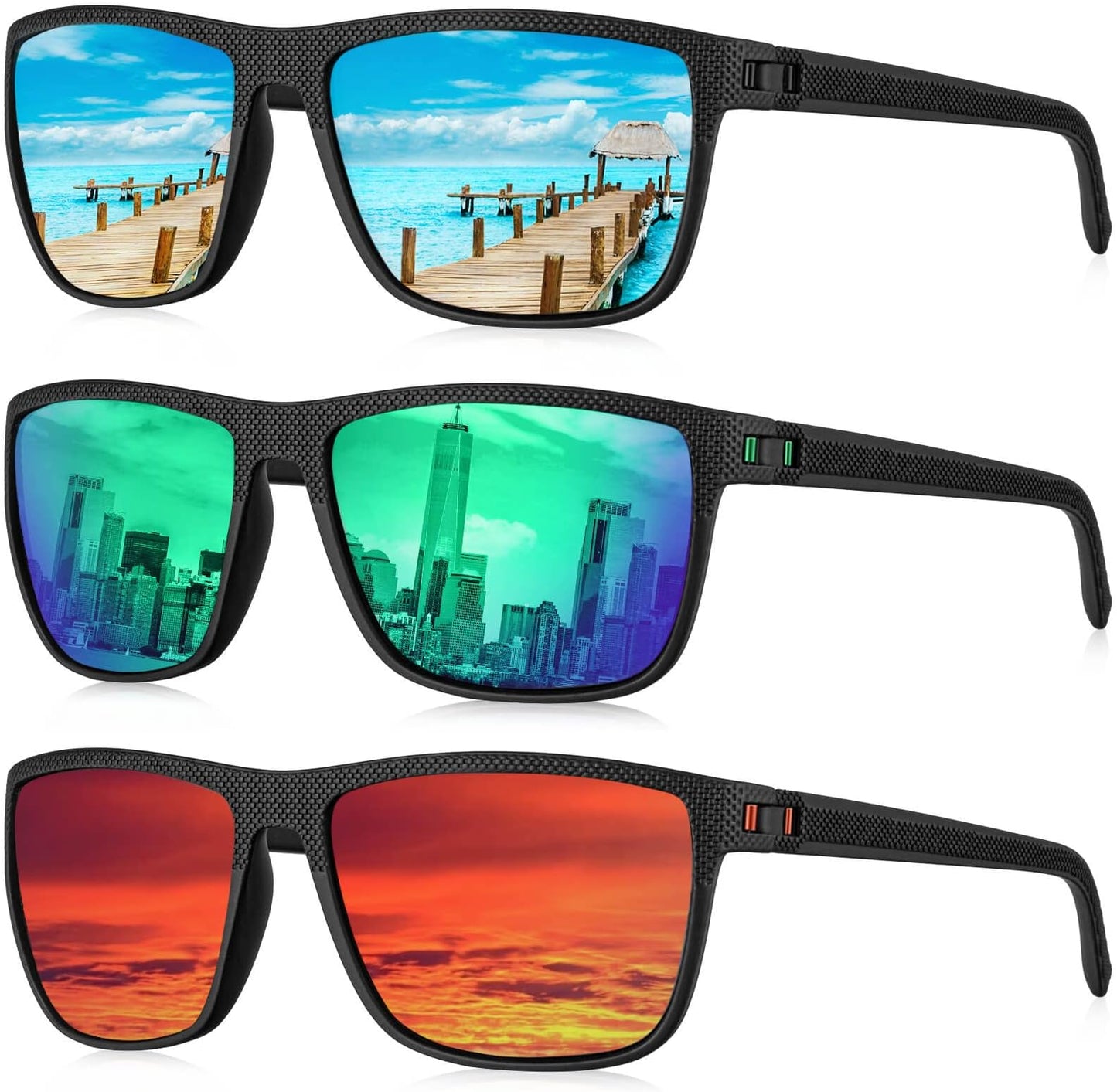 Kaliyadi Polarized Sunglasses For Men, Lightweight Sun Glasses With Uv Protection For Driving Fishing Golf - (3 Pack) Ice Blue/green/red