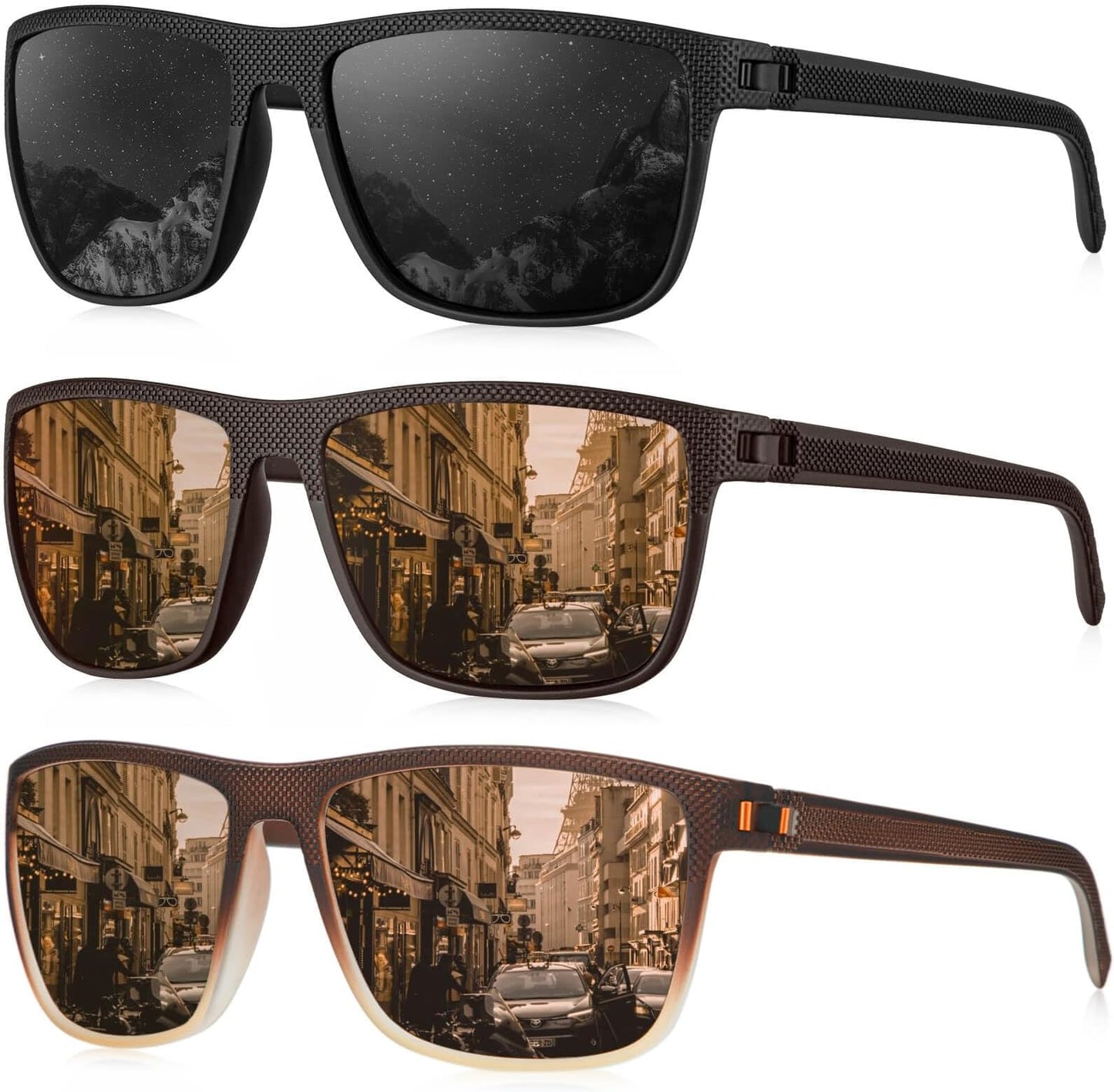 Kaliyadi Polarized Sunglasses For Men, Lightweight Sun Glasses With Uv Protection For Driving Fishing Golf - (3 Pack) Black/brown/gradual Brown