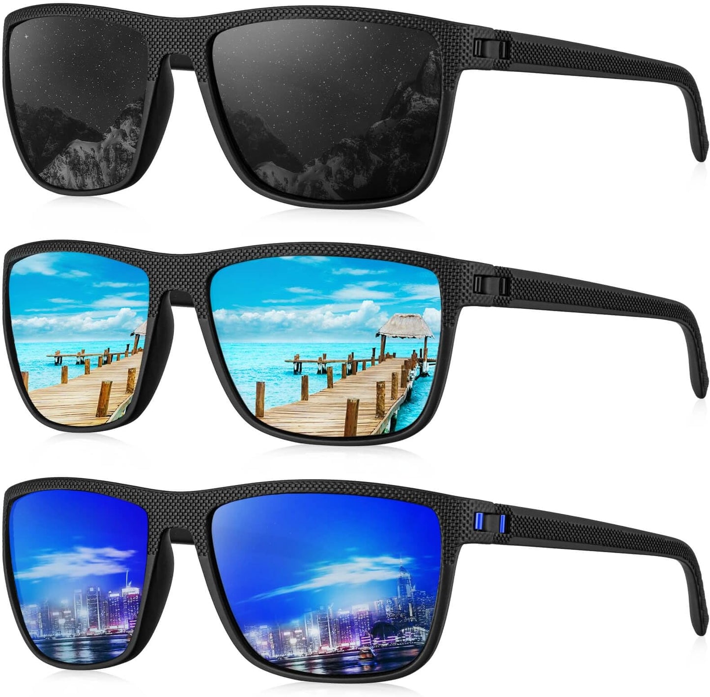 Kaliyadi Polarized Sunglasses For Men, Lightweight Sun Glasses With Uv Protection For Driving Fishing Golf - (3 Pack) Black/ice Blue/dark Blue