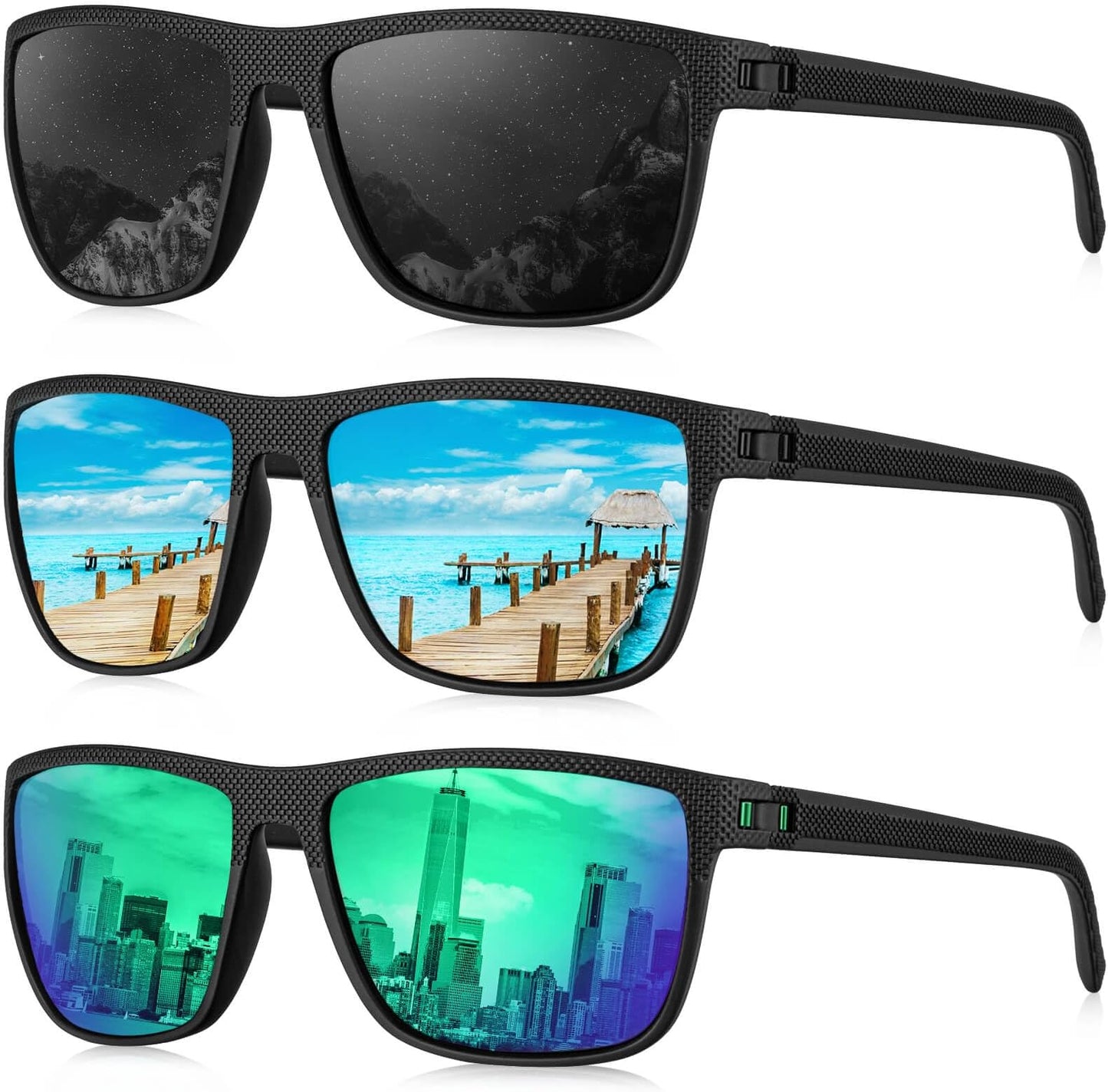 Kaliyadi Polarized Sunglasses For Men, Lightweight Sun Glasses With Uv Protection For Driving Fishing Golf - (3 Pack) Black/ice Blue/green