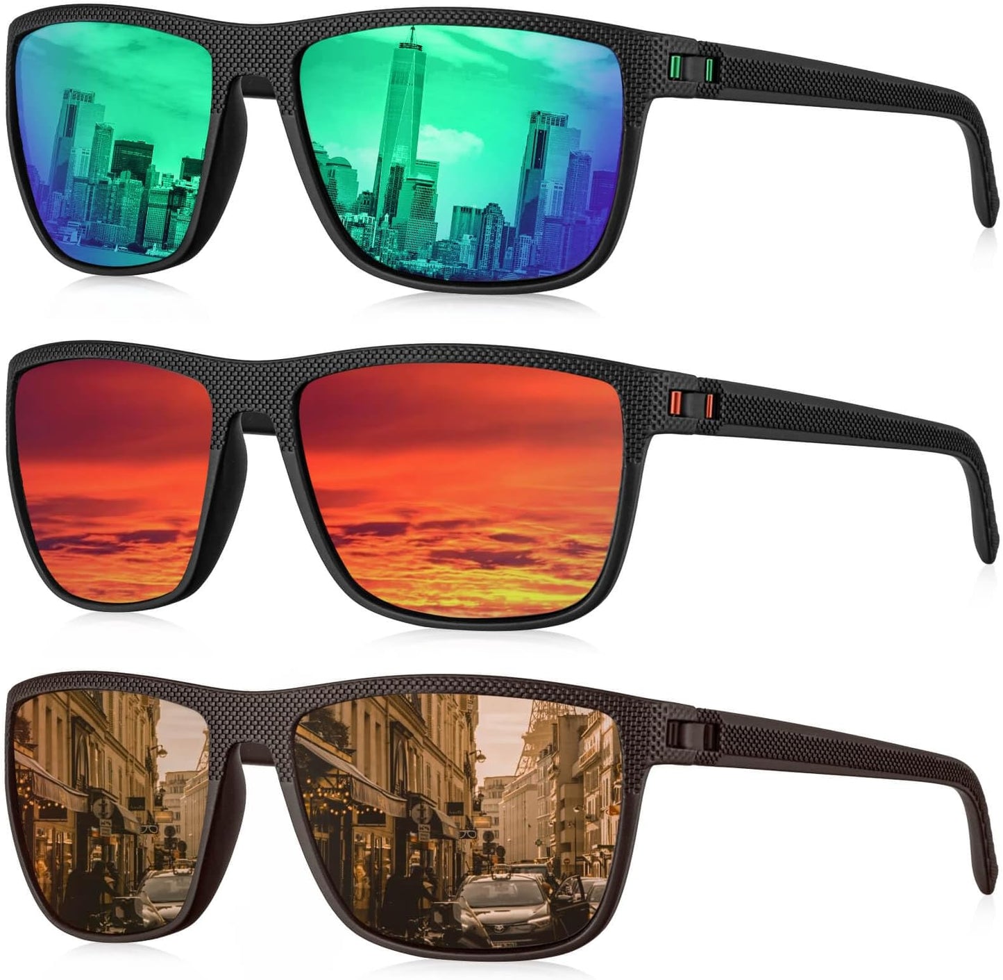 Kaliyadi Polarized Sunglasses For Men, Lightweight Sun Glasses With Uv Protection For Driving Fishing Golf - (3 Pack) Green/red/brown