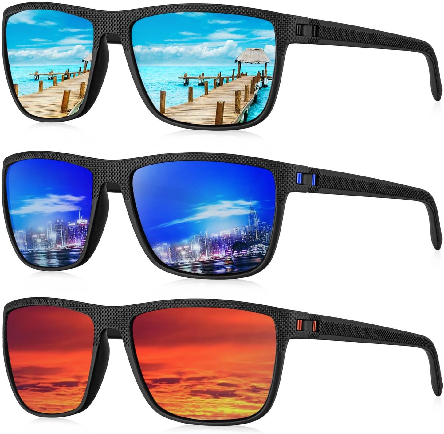 Kaliyadi Polarized Sunglasses For Men, Lightweight Sun Glasses With Uv Protection For Driving Fishing Golf - (3 Pack) Ice Blue/dark Blue/red