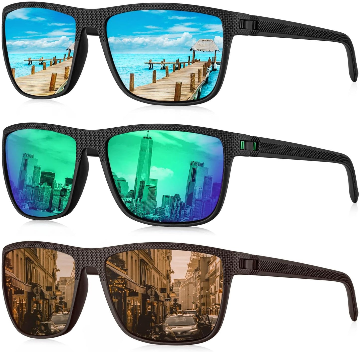 Kaliyadi Polarized Sunglasses For Men, Lightweight Sun Glasses With Uv Protection For Driving Fishing Golf - (3 Pack) Ice Blue/green/brown
