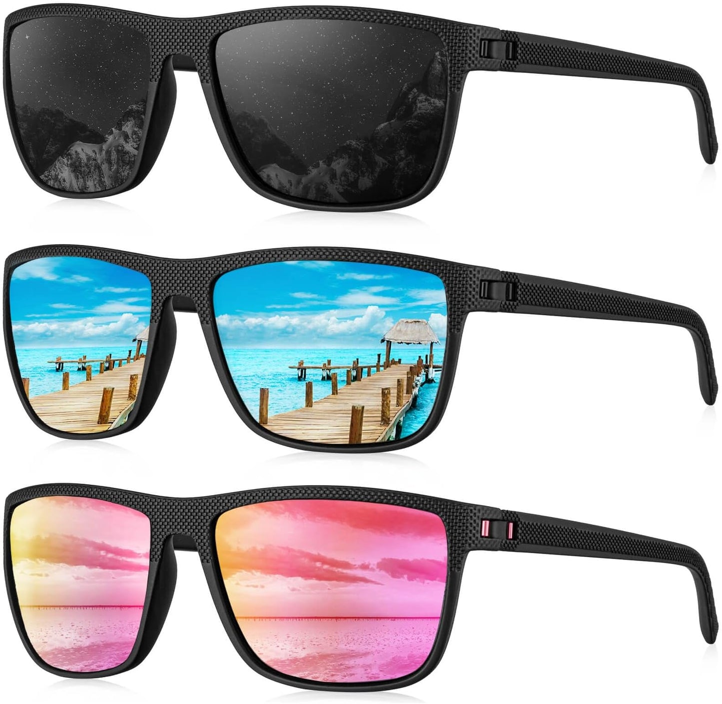 Kaliyadi Polarized Sunglasses For Men, Lightweight Sun Glasses With Uv Protection For Driving Fishing Golf - (3 Pack) Black/ice Blue/pink Lens