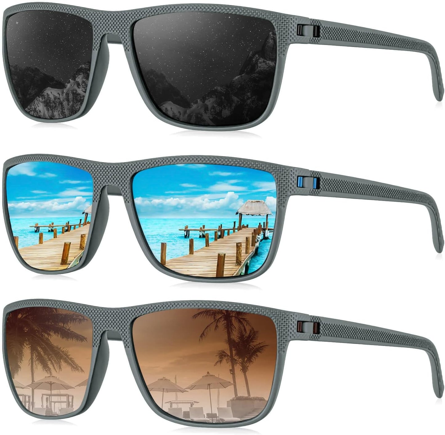 Kaliyadi Polarized Sunglasses For Men, Lightweight Sun Glasses With Uv Protection For Driving Fishing Golf - (3 Pack) Z Frame Grey|lens Black/ice Blue/gradual Brown