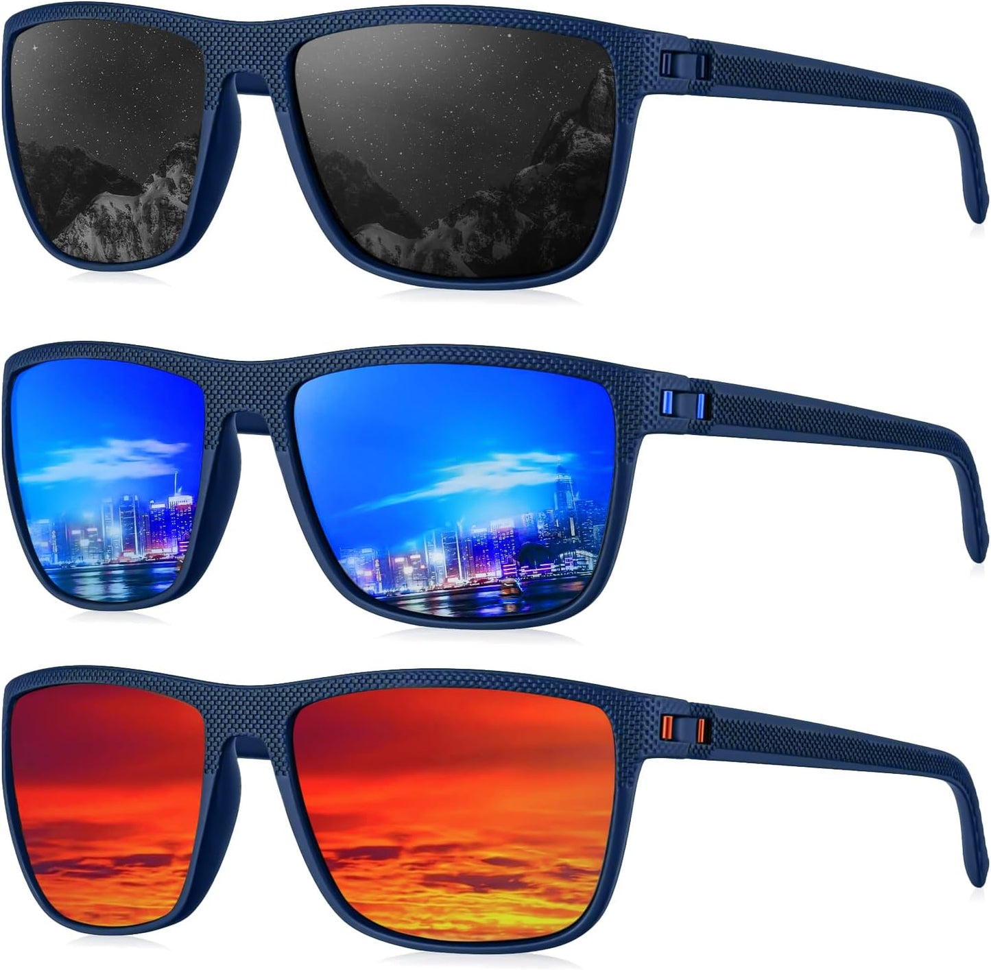 Kaliyadi Polarized Sunglasses For Men, Lightweight Sun Glasses With Uv Protection For Driving Fishing Golf - (3 Pack) Y Frame Blue|lens Black/dark Blue/red
