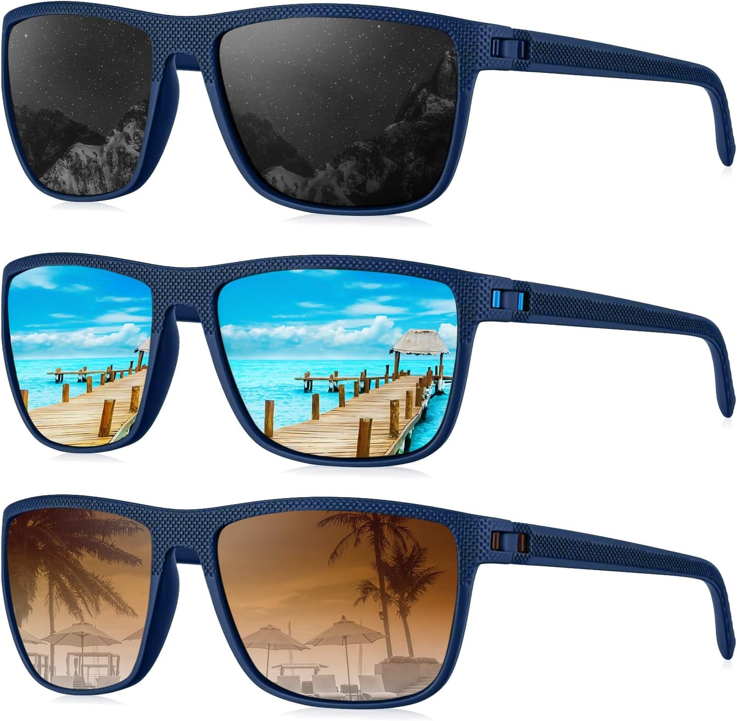 Kaliyadi Polarized Sunglasses For Men, Lightweight Sun Glasses With Uv Protection For Driving Fishing Golf - (3 Pack) Y Frame Blue|lens Black/ice Blue/gradual Brown