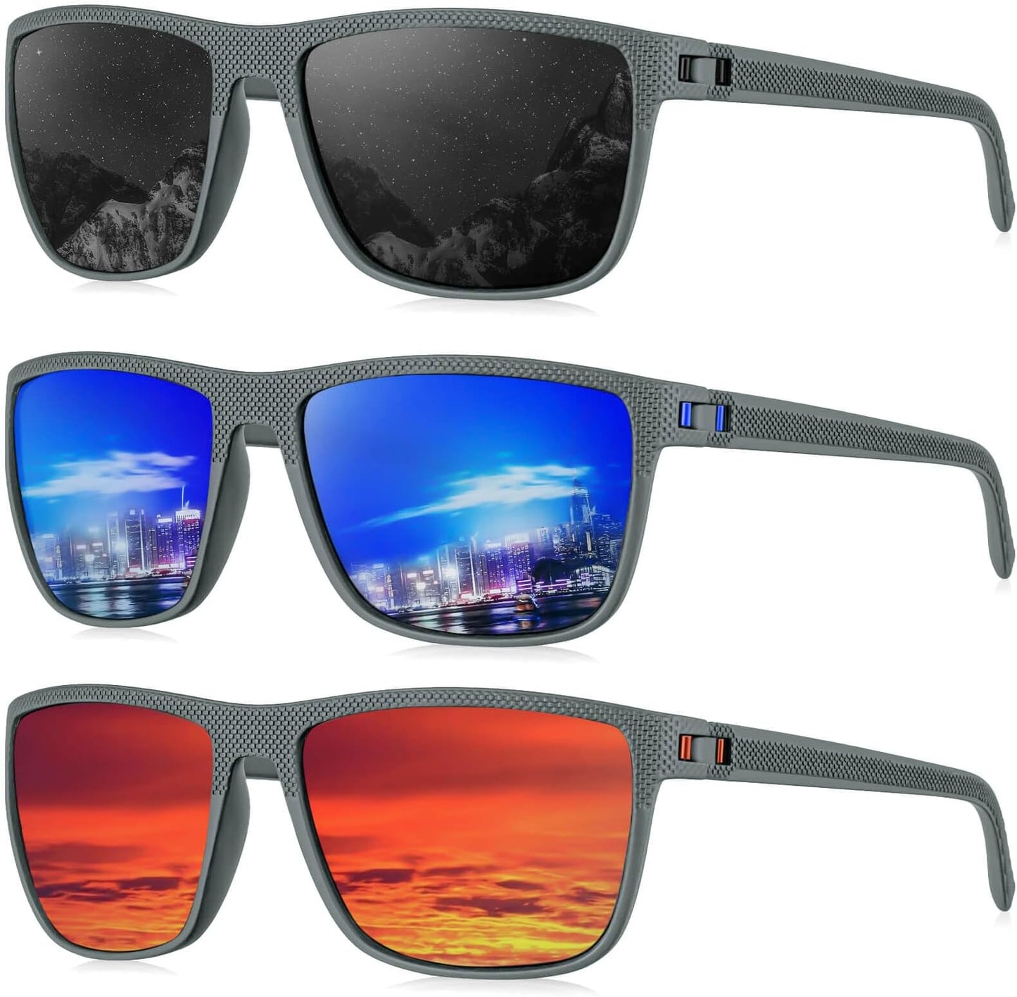 Kaliyadi Polarized Sunglasses For Men, Lightweight Sun Glasses With Uv Protection For Driving Fishing Golf - (3 Pack) Z Frame Grey|lens Black/dark Blue/red