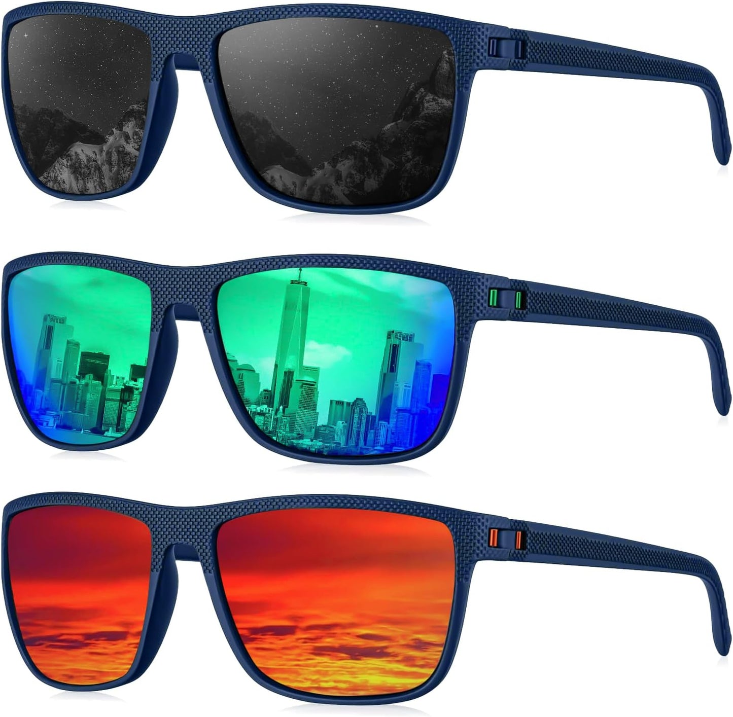 Kaliyadi Polarized Sunglasses For Men, Lightweight Sun Glasses With Uv Protection For Driving Fishing Golf - (3 Pack) Y Frame Blue|lens Black/green/red