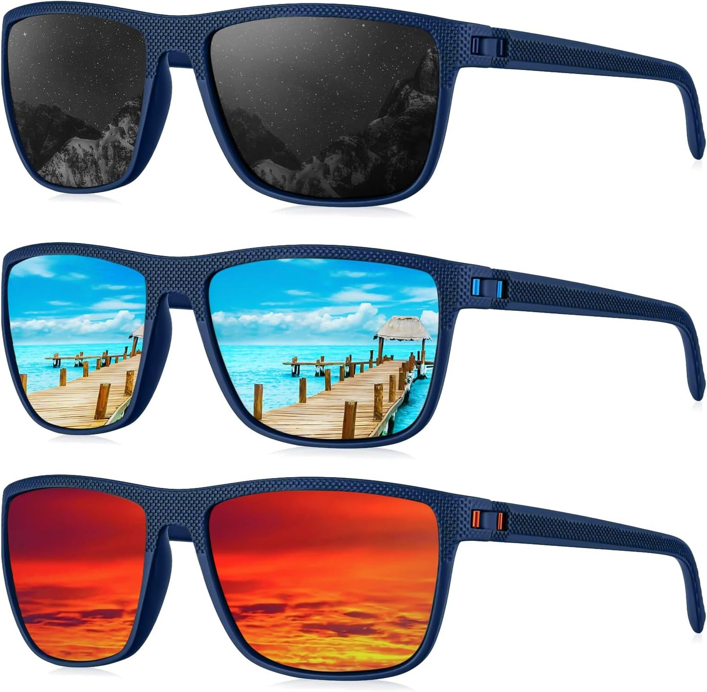 Kaliyadi Polarized Sunglasses For Men, Lightweight Sun Glasses With Uv Protection For Driving Fishing Golf - (3 Pack) Y Frame Blue|lens Black/ice Blue/red