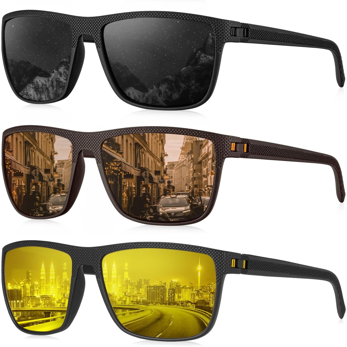 Kaliyadi Polarized Sunglasses For Men, Lightweight Sun Glasses With Uv Protection For Driving Fishing Golf - (3 Pack) Night Vision/black/brown