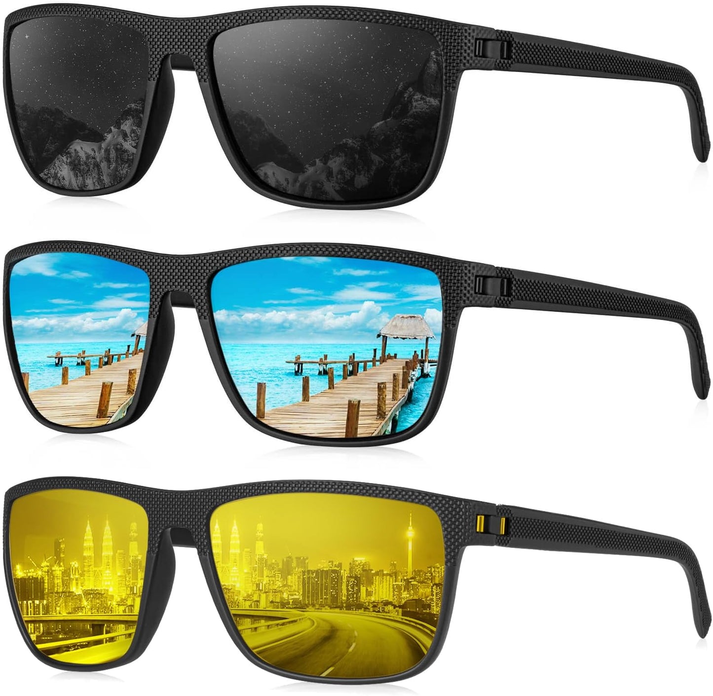 Kaliyadi Polarized Sunglasses For Men, Lightweight Sun Glasses With Uv Protection For Driving Fishing Golf - (3 Pack) Night Vision/black/ice Blue