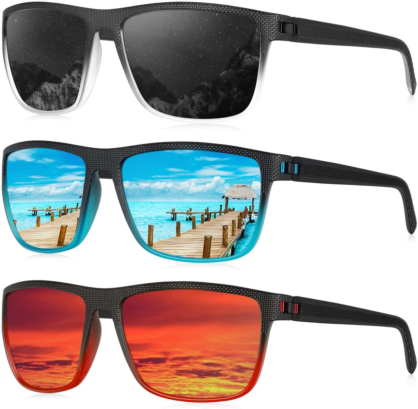 Kaliyadi Polarized Sunglasses For Men, Lightweight Sun Glasses With Uv Protection For Driving Fishing Golf - (3 Pack) Black Clear & Black/black Blue & Blue/black Red & Red