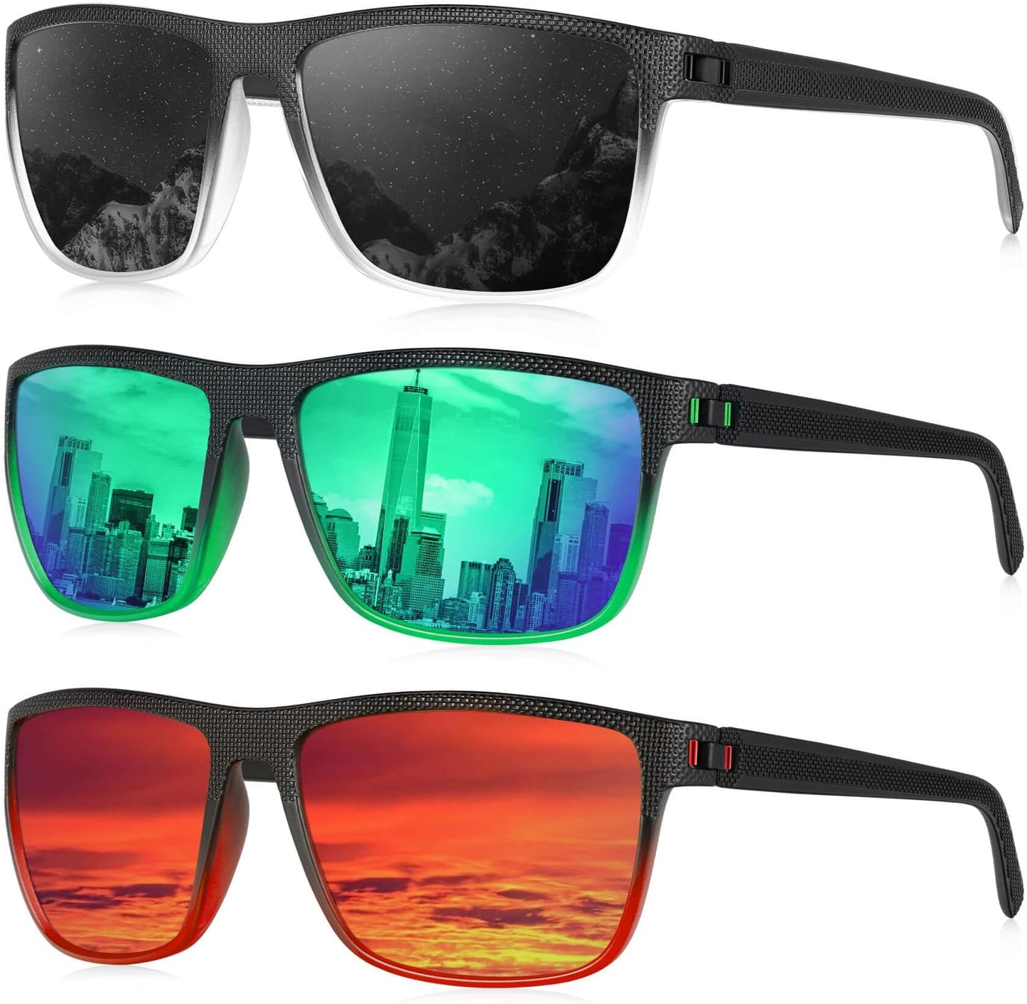 Kaliyadi Polarized Sunglasses For Men, Lightweight Sun Glasses With Uv Protection For Driving Fishing Golf - (3 Pack) Black Clear & Black/black Green & Green/black Red & Red