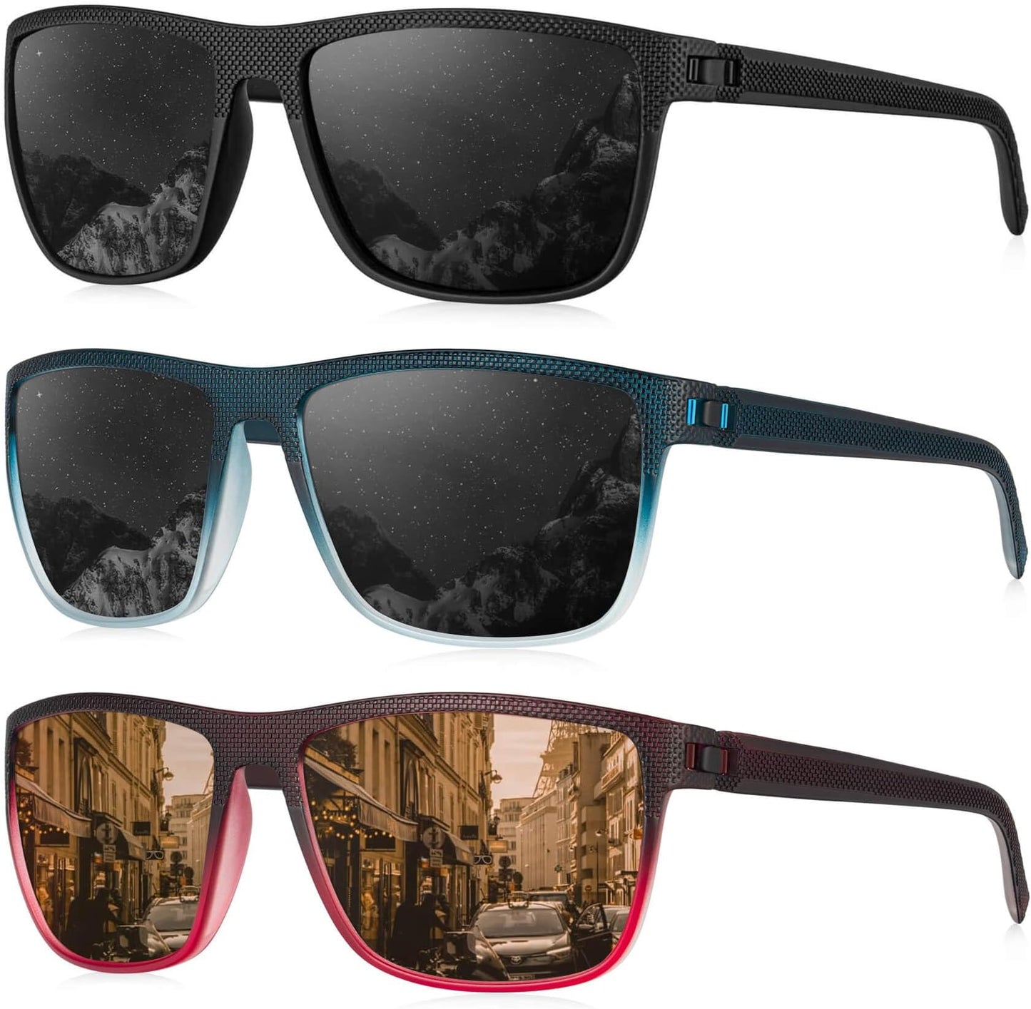 Kaliyadi Polarized Sunglasses For Men, Lightweight Sun Glasses With Uv Protection For Driving Fishing Golf - (3 Pack) Black/gradient Wine Red & Brown/gradient Blue & Black