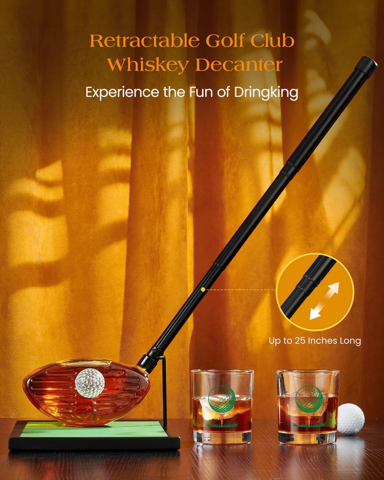 Kollea Handcrafted Golf Whiskey Decanter Set with 2 Golf Ball Glasses