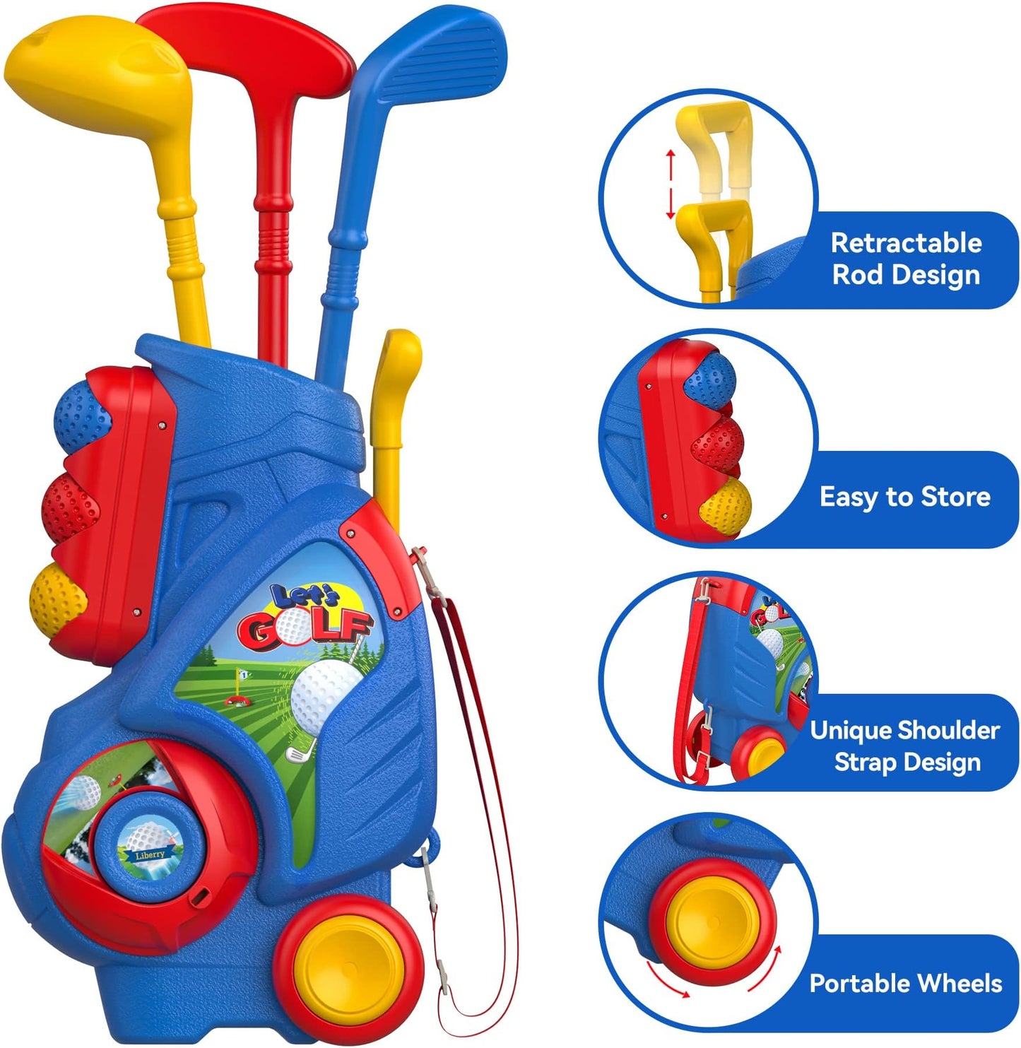 Liberry Toddler Golf Clubs Set Toy For 1 2 3 4 Years Old Boys Girls, Blue | Upgraded Kids Golf Cart, Shoulder Strap Design, Indoor And Outdoor Sports Game, Birthday Gifts For Baby - Blue