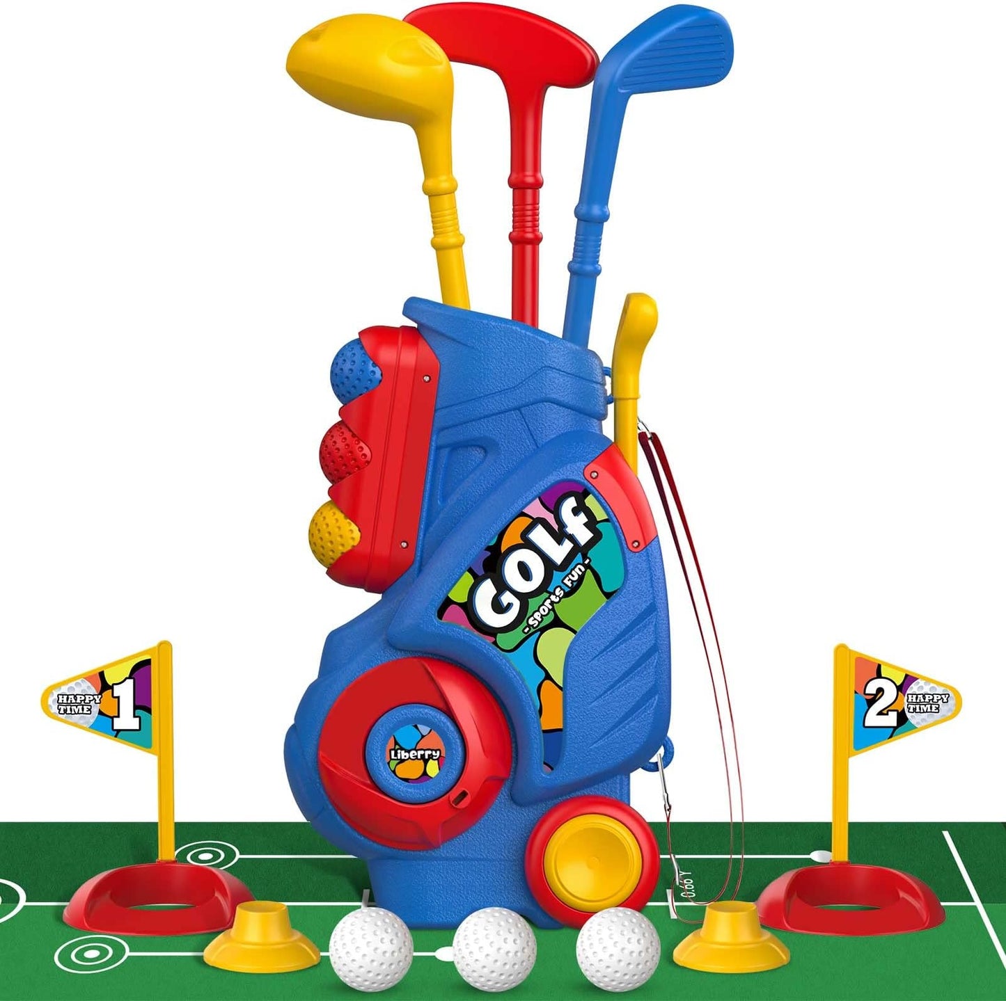 Liberry Toddler Golf Clubs Set Toy For 1 2 3 4 Years Old Boys Girls, Blue | Upgraded Kids Golf Cart, Shoulder Strap Design, Indoor And Outdoor Sports Game, Birthday Gifts For Baby - Blue With Mat
