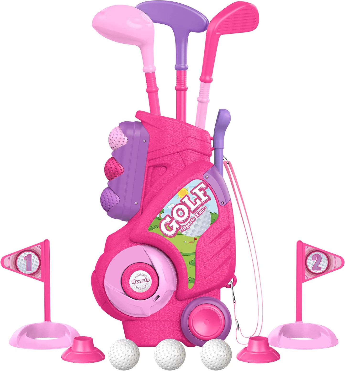 Liberry Toddler Golf Clubs Set Toy For 1 2 3 4 Years Old Boys Girls, Blue | Upgraded Kids Golf Cart, Shoulder Strap Design, Indoor And Outdoor Sports Game, Birthday Gifts For Baby - Pink